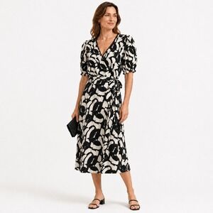 Luxology Womens Black White Geometric Wrap Midi Dress Pom Pom Trim L Y955066M47